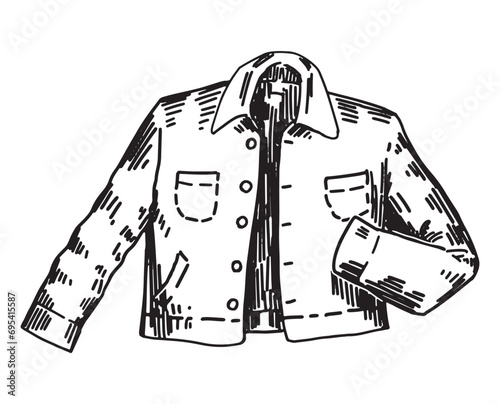Doodle of denim jacket. Outline drawing of spring outerwear. Hand drawn vector illustration clipart isolated on white.