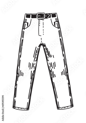 Doodle of jeans. Outline drawing of denim apparel. Hand drawn vector illustration clipart isolated on white.
