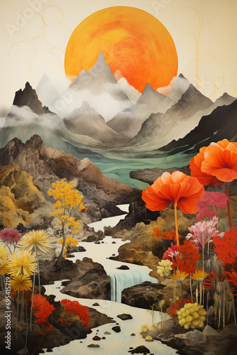 A contemporary collage of a volcanic landscape with abstract elements.