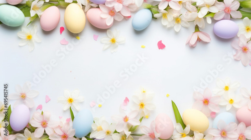 A scattered confetti-like arrangement of pastel flowers and eggs with a clear banner area for text
