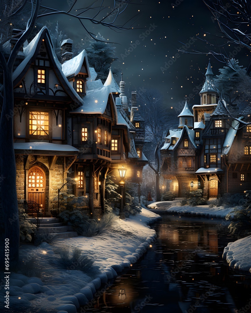 Winter night in the village. Illustration. Digital painting. 3d rendering.
