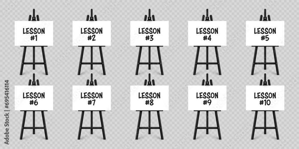 Realistic paint desk with text on white canvas. Black wooden easel and a sheet of drawing paper. Presentation board on a tripod. Distance education, online courses and e-learning. Vector illustration