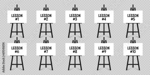 Realistic paint desk with text on white canvas. Black wooden easel and a sheet of drawing paper. Presentation board on a tripod. Distance education, online courses and e-learning. Vector illustration