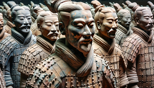 A close or medium shot of ancient terracotta warriors in Xi'an, beautifully crafted with a variety of textures and patterns from paper and fabric.