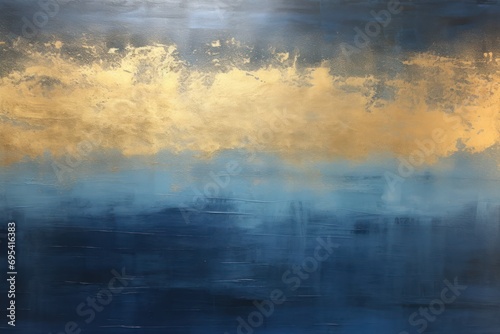  a painting of a blue and yellow sky with a white cloud in the middle of the sky and a yellow cloud in the middle of the sky overcast sky.