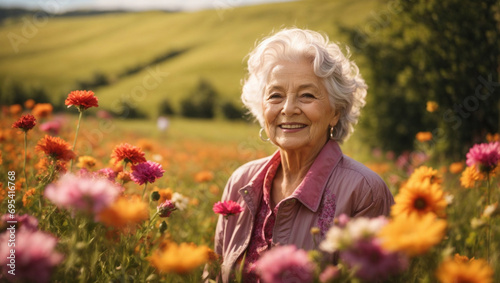 Bella signora pensionata di 80 anni felice in un prato fiorito pieno di fiori colorati in primavera