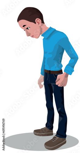 Full height standing boy looking down at his feet. Teenager looks at ground colorful flat vector illustration. Side profile view. Cartoon style.