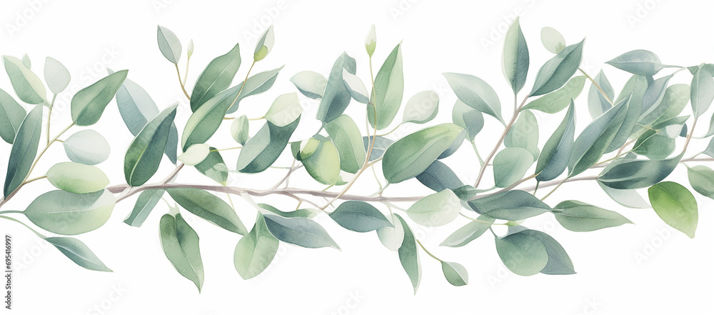 watercolor handdrawn green eucalyptus branches isolated background, in the style of hand-painted watercolor handdrawn green eucalyptus branches isolated background, in the style of hand-painted