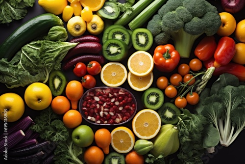 Colorful vegetables and fruits vegan food in rainbow colors arrangement