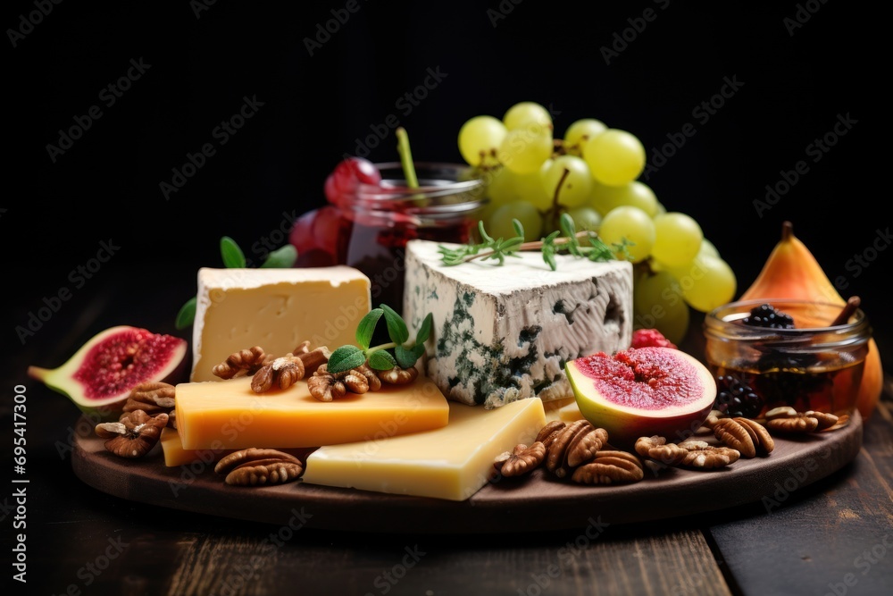 a variety of cheeses, nuts, and fruit are arranged on a wooden platter on a wooden table with a black background and a black backdrop of grapes, walnuts, grapes, walnuts, pecans, honey, and a. a variety of cheeses, nuts, and fruit are arranged on a wooden platter on a wooden table with a black background and a black backdrop of grapes, walnuts, grapes, walnuts, pecans, honey, and a.