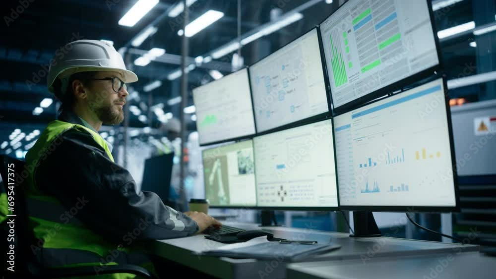 Caucasian Male Process Engineer Using Multi Monitor Workstation To Control Production Of Modern Heavy Machinery on Autonomous Assembly Line With Robotic Arms. Man Adjusting Manufacturing Processes.
