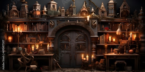 3d illustration of an old wooden door in the dark with candles