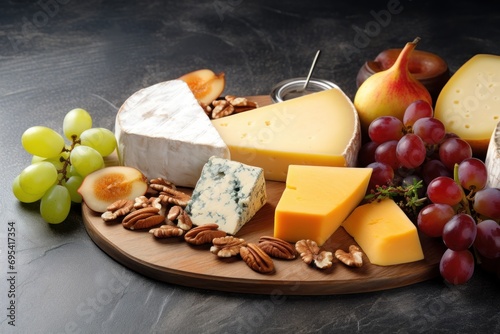  a variety of cheeses, nuts, and grapes on a wooden platter with a glass of wine and a bunch of grapes on the side of grapes on the table.