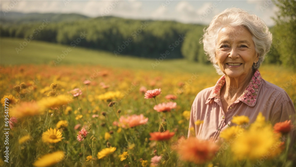 Bella signora pensionata di 80 anni felice in un prato fiorito pieno di fiori colorati in primavera Bella signora pensionata di 80 anni felice in un prato fiorito pieno di fiori colorati in primavera
