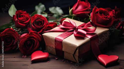 Gift box, bouquet of fresh roses and festive red hearts on dark background. Gift concept for Valentine Day, Wedding or Birthday, flat lay