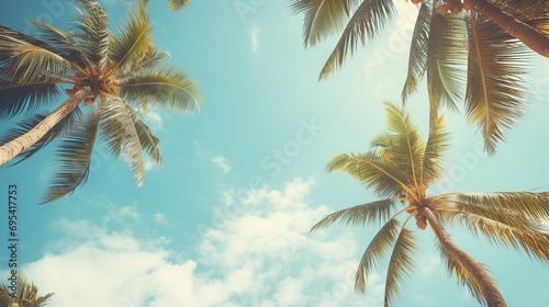 Palm trees on tropical beach, coconut trees. Tropical trees with sunlight in the sky, sunset and clouds abstract background. Vintage tone filter effect color style. photo