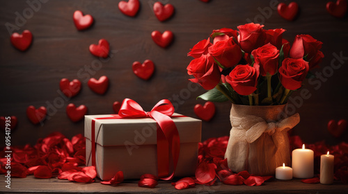 Gift box, bouquet of fresh roses and festive red hearts on dark background. Gift concept for Valentine Day, Wedding or Birthday, flat lay © petrrgoskov