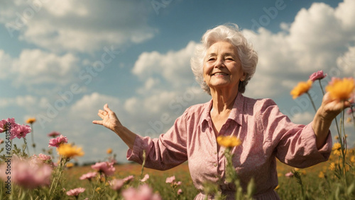 Bella signora pensionata di 80 anni felice in un prato fiorito pieno di fiori colorati in primavera photo