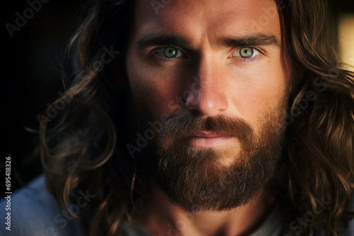 AI Generated Image of portrait of serious Jesus Christ with green eyes, beard and wavy hair looking at camera in daylight photo