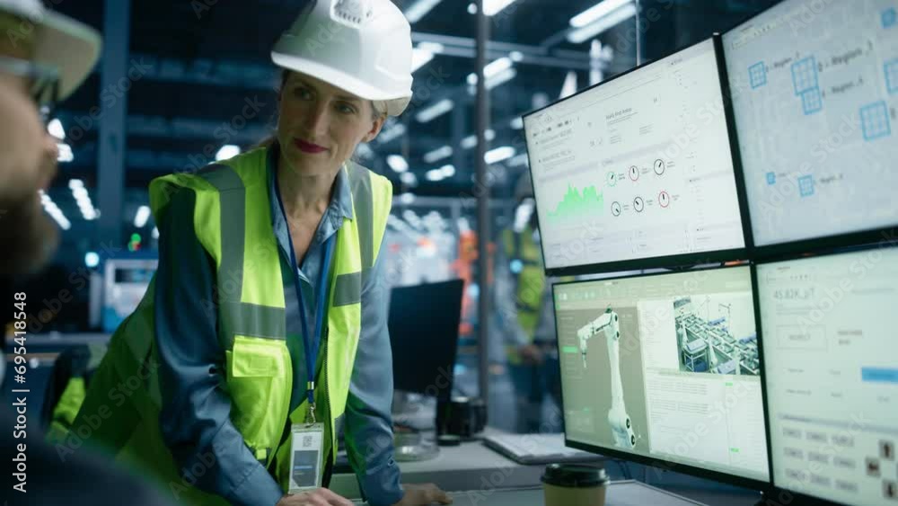 Caucasian Male Process Engineer Using Multi Monitor Workstation And Talking To Female Quality Control Technician At Electronics Factory. Colleagues Monitoring Autonomous Assembly Line With Robot Arms.