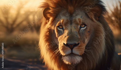 Generative AI image of Majestic Lion in Golden Hour Light photo