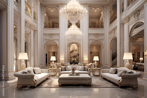 Panoramic view of luxury hotel lobby with sofas and armchairs