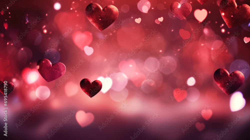 Red hearts background, valentine day greeting card. lights Bokeh background. Love concept