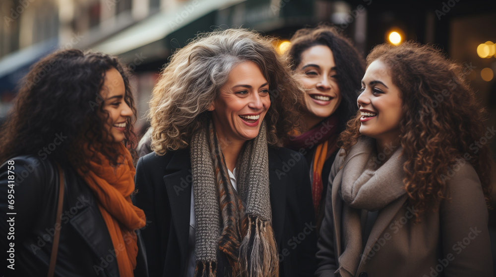 Group of Four Women Laughing Together on a City Street