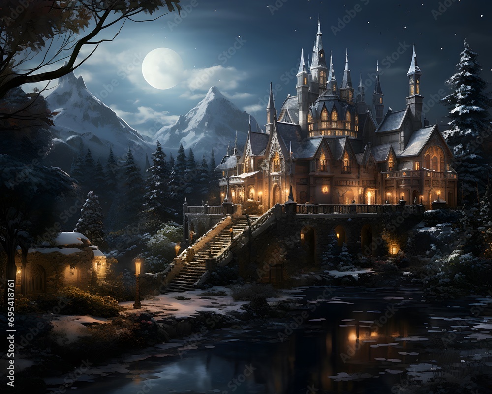 Castle in the forest at night with moon. 3D rendering
