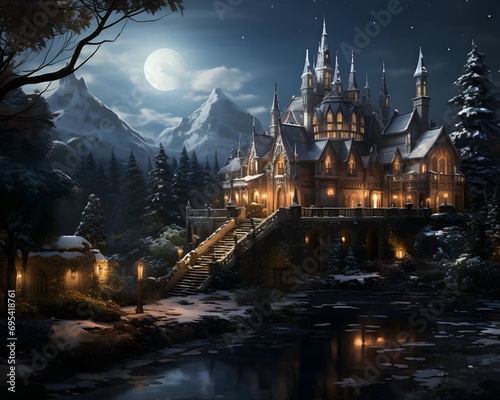 Castle in the forest at night with moon. 3D rendering
