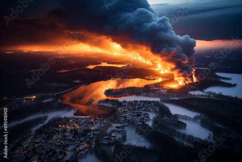 Massive Industrial Fire at Night, Aerial View Over Frozen River