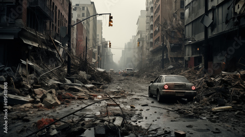 Apocalyptic City Street After Disaster, Abandoned Car Amidst Ruins © Damian