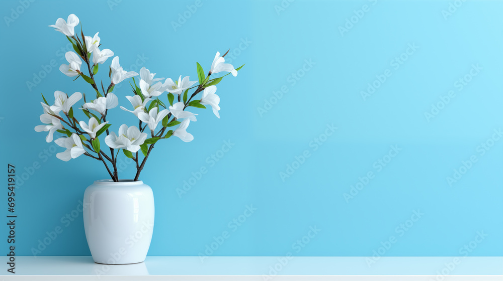 White Magnolia Flowers in Vase against Serene Blue Background