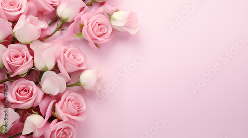 Elegant Pink Rose Border on Pastel Pink Background with Copy Space