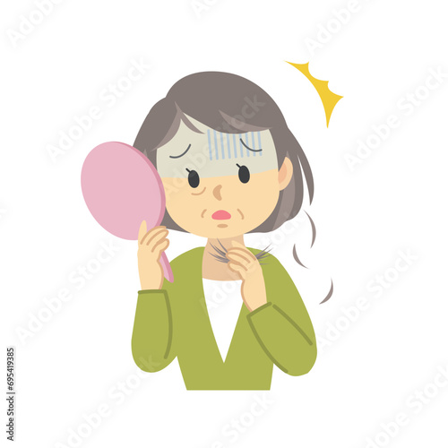 イラスト素材セット：ヘアケア　シニア女性が抜け毛や薄毛で老化を感じ鏡で見て悩む姿　　ビフォーアフター
