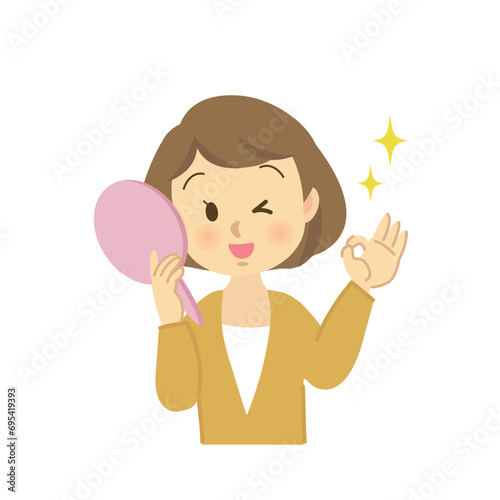 イラスト素材セット：ヘアケア　若い女性がヘアスタイルを鏡で見て喜ぶ姿、毛染め後　ビフォーアフター
