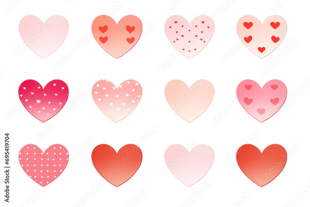 Set of vintage red and pink heart shaped stickers, On a transparent background. Isolated.