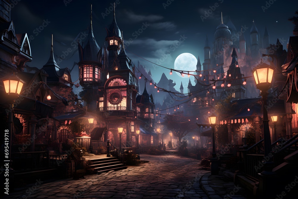 Fototapeta premium Fairy tale castle at night with full moon, 3d illustration