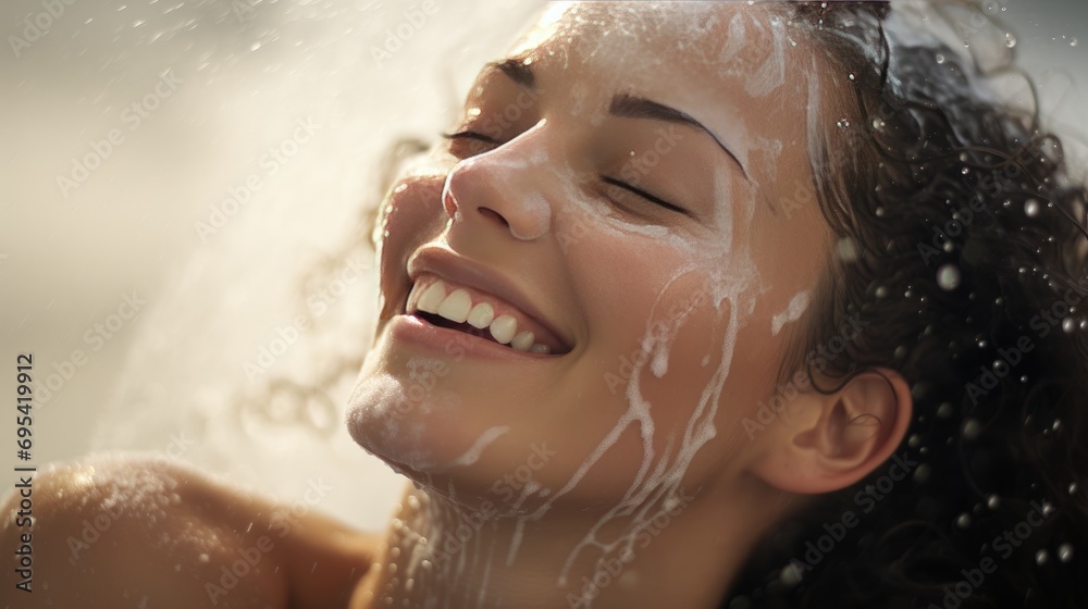 A refreshing and realistic image of a happy woman shower. Ai generative