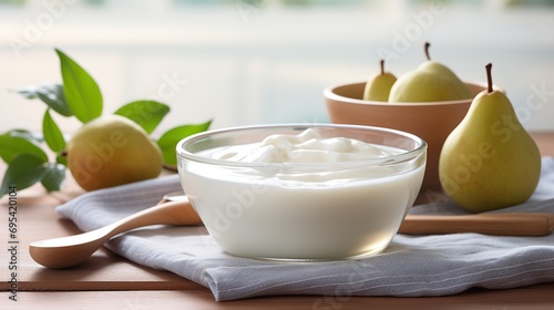 A wooden spoon in a bowl of yogurt Create a simple. Ai generative #695420104