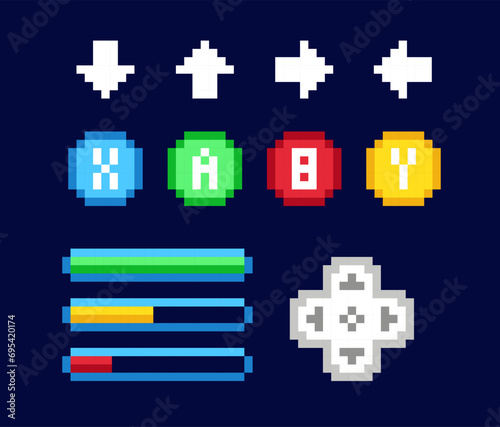Set of 8bit pixel art game asset. Retro graphic interface elements for video games. Health or stamina progress bar, gamepad button and arrow. Cartoon flat vector collection isolated on dark background