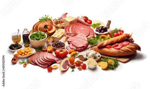 Meat products isolated on transparent background. . Meat platter with ham, salami, ham, bacon, cheese, olives and tomatoes.