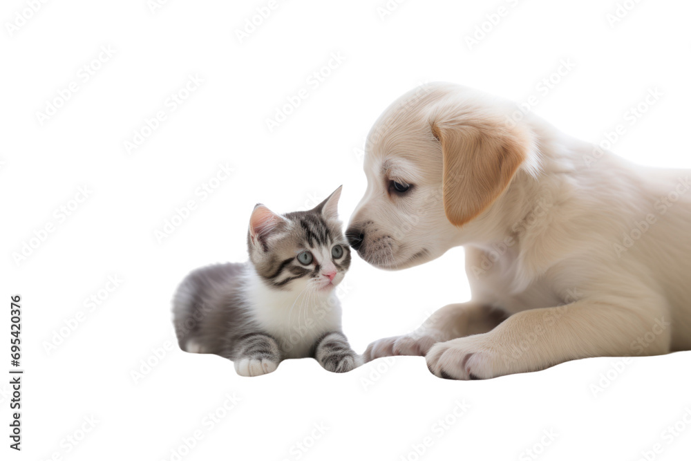 Cute kitten and puppy playing together,On a transparent background. Isolated. Cute kitten and puppy playing together,On a transparent background. Isolated.