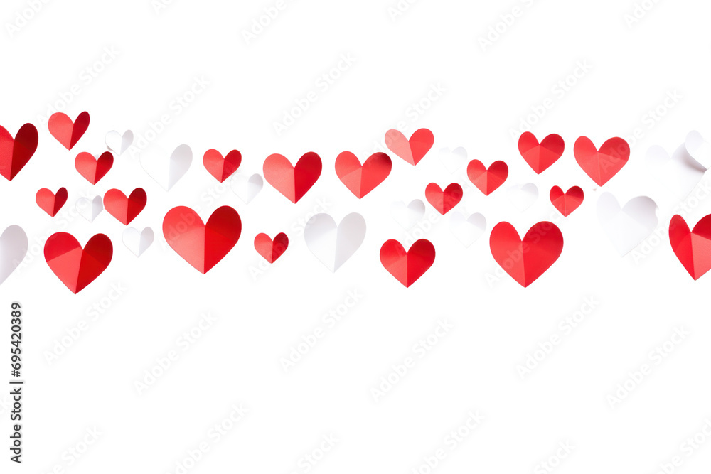 Continuous heart shape lines with paper hearts ,On a transparent background. Isolated.