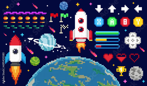 Set of 8bit pixel art game asset. Design elements for video game about cosmos. Icons of progress bar, stamina, spaceships, health hearts, planets. Cartoon flat vector collection isolated on background