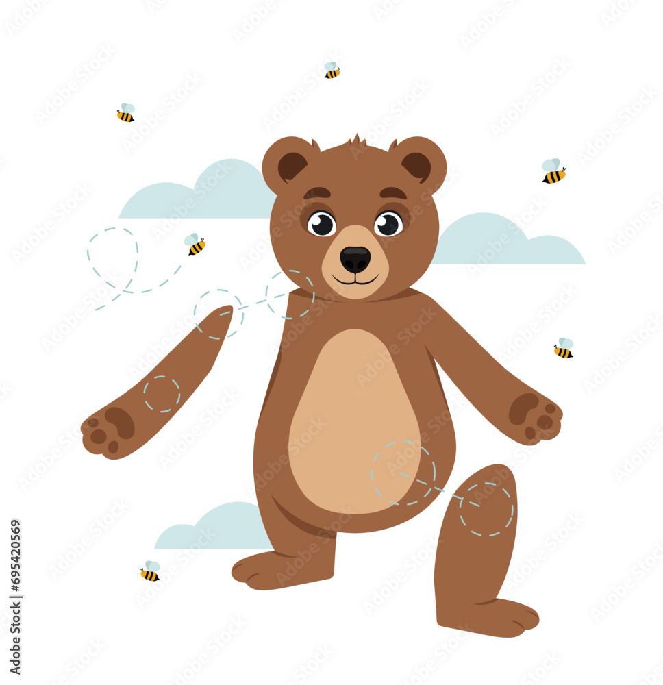 Obraz premium Set of Character Constructor for Animation. Adorable bear with moving limbs or paws. Beast or wild animal in different poses and positions. Cartoon flat vector collection isolated on white background