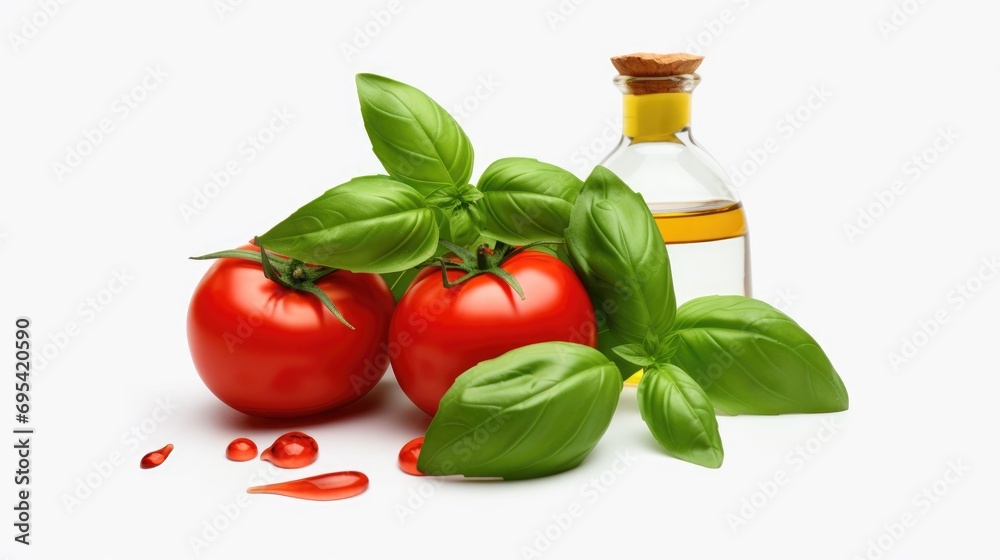 Basil leaves with tomatoes and olive oil on white baground. Ai generative Basil leaves with tomatoes and olive oil on white baground. Ai generative