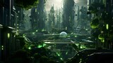Fantasy landscape with green planet and city. 3d render illustration