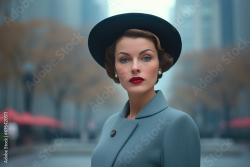Sophisticated Mademoiselle: 1950s Fashion Icon Graces Cityscape photo