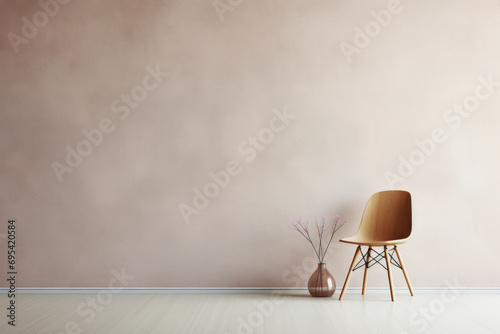 Minimal interior design in Scandinavian style living room with chair and glass vases on big empty wall banner. Mock up template copy space for text